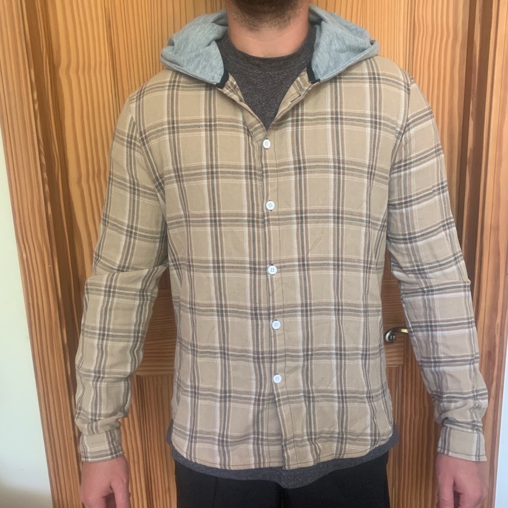 Men’s hooded plaid flannel tan and grey size M